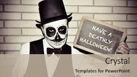  Presentation with top hat - PPT theme enhanced with sugar skulls - man with calaveras makeup wearing background and a mint green colored foreground