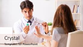  Presentation with ophthalmologist - Colorful presentation theme enhanced with woman visiting male doctor ophthalmologist backdrop and a lemonade colored foreground