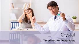  Presentation with ophthalmologist - PPT theme with woman visiting male doctor ophthalmologist background and a light blue colored foreground