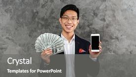  Presentation with man holding phone - PPT layouts with suit holding bunch of money background and a gray colored foreground