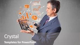  Presentation with notebook - Presentation theme enhanced with suit holding notebook with graphs background and a gray colored foreground