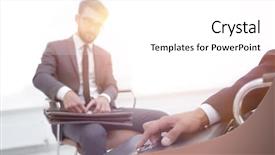  Presentation with man in suit guitar - Presentation theme having suit holds a brown briefcase background and a white colored foreground