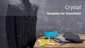  Presentation with sewing tools - Cool new slide deck with suit-jacket-on-male-tailor backdrop and a gray colored foreground