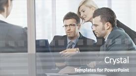  Presentation with social business people network - Theme enhanced with glass sitting at table wear background and a gray colored foreground