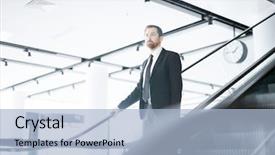  Presentation with leave - Beautiful PPT theme featuring suit moving downwards on escalator backdrop and a light blue colored foreground