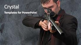  Presentation with man in suit and tie - Slide deck consisting of suit pointing with a rifle background and a dark gray colored foreground