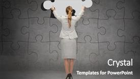  Presentation with business women - Amazing presentation theme having suit setting piece of puzzle backdrop and a gray colored foreground