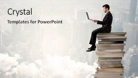  Presentation with elegant table setting - Colorful presentation design enhanced with suit sitting on a stack backdrop and a sky blue colored foreground