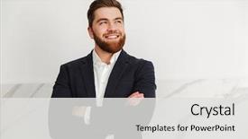  Presentation with portrait happy family smiling - Presentation featuring suit standing with arms folded background and a light gray colored foreground