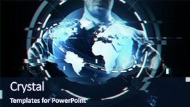  Presentation with virtual technology - Colorful slide set enhanced with projection over virtual glitch effect backdrop and a navy blue colored foreground