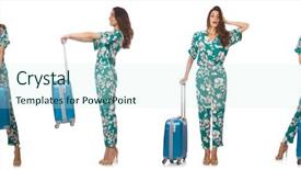  Presentation with man watching woman preparing vegetables - Cool new PPT layouts with suitacases preparing for summer vacation backdrop and a  colored foreground