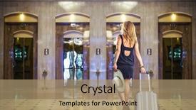  Presentation with suitcase - Presentation theme having suitcase walking at the hotel background and a coral colored foreground