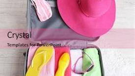  Presentation with carpet - Colorful slide set enhanced with suitcase with things on white carpet on the floor for travelling somewhere close to water for spending summer vacation backdrop and a coral colored foreground