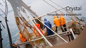 Presentation with fishing - PPT theme having suits on deck fishing vessel background and a light gray colored foreground