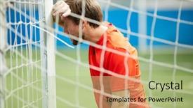  Presentation with football game security - Colorful slides enhanced with sulky goalkeeper leaning over gate backdrop and a mint green colored foreground