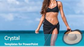  Presentation with luxury fashion - Beautiful PPT theme featuring summer - beach vacation bikini body fashion backdrop and a teal colored foreground
