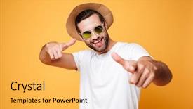  Presentation with one young man exercising handball - PPT theme featuring summer - image of cheerful young man background and a yellow colored foreground