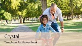  Presentation with black father - Theme featuring summer - lovely father teaching son riding background and a lemonade colored foreground