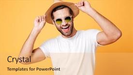  Presentation with camera - Slide deck having summer - picture of happy young man background and a yellow colored foreground