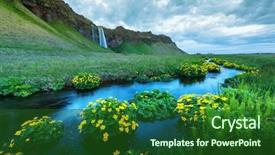  Presentation with blue and yellow music - Colorful presentation enhanced with summer - sunrise on seljalandfoss waterfall backdrop and a forest green colored foreground