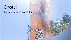  Presentation with tropical - Cool new PPT layouts with summer - young happy girl with flower backdrop and a sky blue colored foreground