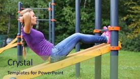  Presentation with abdominal - Slide set having summer activities - young girl doing abdominal crunches background and a seafoam green colored foreground