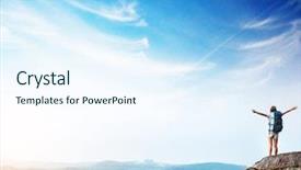  Presentation with woman hands raised to sky - Slide deck with summer activities - young woman with backpack standing background and a sky blue colored foreground