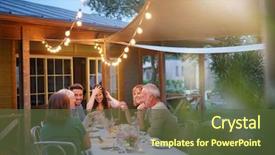  Presentation with summer party - Beautiful slide deck featuring summer barbecue party with friends backdrop and a tawny brown colored foreground