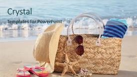  Presentation with beach bag - Amazing PPT layouts having towel sunglasses and flip flops backdrop and a light blue colored foreground