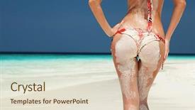  Presentation with crystal blue - PPT theme having bum - summer beach concept sandy woman background and a lemonade colored foreground