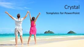  Presentation with young happy couple - Cool new slide deck with summer beach happy free couple backdrop and a light blue colored foreground