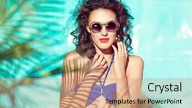  Presentation with palm tree - Theme enhanced with summer beach style portrait a beautiful young woman wearing bikini and sunglasses under a palm tree background and a coral colored foreground