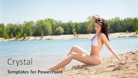 Presentation with alone - Amazing slide set having summer beach young woman sitting on seaside alone backdrop and a coral colored foreground