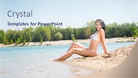  Presentation with alone - Colorful presentation theme enhanced with summer-beach-young-woman-sitting backdrop and a sky blue colored foreground