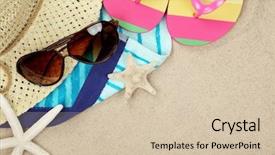  Presentation with starfish - Amazing theme having summer beachwear flip flops towel backdrop and a soft green colored foreground