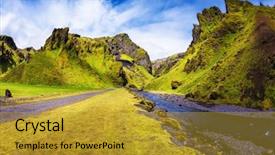  Presentation with green grass under the snow - Slide deck featuring summer blooming iceland pakgil canyon - green grass and moss on the rocks at the bottom of canyon flows small fast creek background and a gold colored foreground