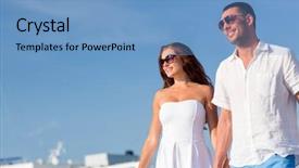  Presentation with city people walking - Audience pleasing presentation theme consisting of path towards portheras cove cornwall backdrop and a light blue colored foreground.