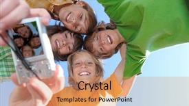  Presentation with summer camp - PPT theme featuring summer camp children - happy kids taking photo background and a coral colored foreground