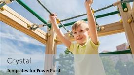  Presentation with children climbing - PPT theme consisting of summer childhood leisure and people concept - happy little boy on children playground climbing frame background and a light blue colored foreground