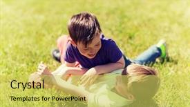  Presentation with childhood - Slides featuring summer childhood leisure and people concept - happy little boys outdoors fighting for fun on green field background and a yellow colored foreground