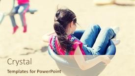  Presentation with playground - Cool new theme with summer childhood leisure and people concept - close up of little girl playing on children playground backdrop and a cream colored foreground