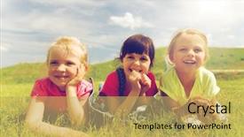  Presentation with childhood - PPT theme with summer childhood leisure and people concept - group of happy kids lying on blanket or cover outdoors background and a yellow colored foreground