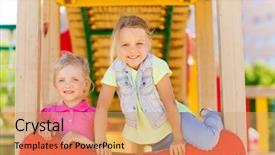  Presentation with children climbing - Slide set featuring summer childhood leisure friendship and people concept - happy kids on children playground climbing frame background and a coral colored foreground