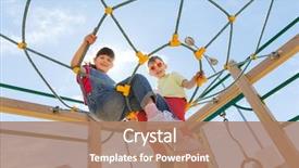  Presentation with children climbing - Colorful presentation theme enhanced with summer childhood leisure friendship and people concept - group of happy kids on children playground climbing frame backdrop and a coral colored foreground