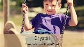  Presentation with childhood - Slide set enhanced with summer childhood leisure friendship and people concept - happy little boy swinging on swing at children playground background and a coral colored foreground