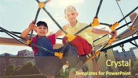  Presentation with children climbing - Presentation design with summer childhood leisure friendship and people concept - group of happy kids on children playground climbing frame background and a tawny brown colored foreground