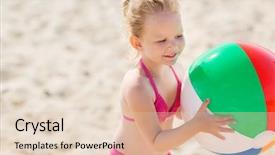  Presentation with beach ball - Slide set consisting of summer childhood vacation and people concept - happy little girl playing with inflatable ball on beach background and a lemonade colored foreground
