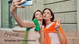  Presentation with faces - PPT theme with summer-city-walk-cheerful-girls background and a coral colored foreground