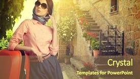  Presentation with vacation - Cool new slide set with summer clothes - italian vacation woman with suitcases backdrop and a tawny brown colored foreground