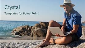  Presentation with beach rocks - PPT layouts with summer clothes - smiling man sitting background and a  colored foreground